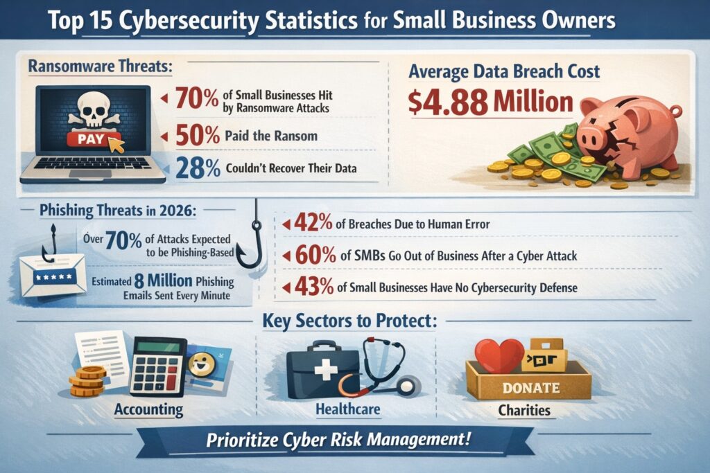 nfographic of 15 cybersecurity statistics for business owners showing ransomware risks and SME breach costs