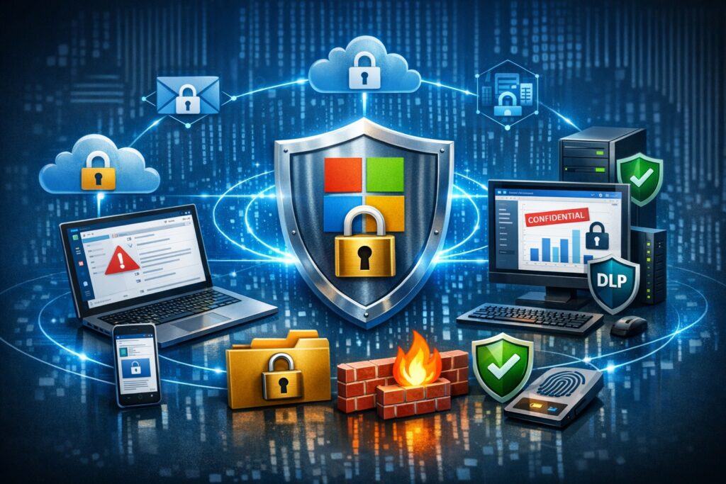Microsoft 365 data protection dashboard securing company data across apps and devices with encryption and DLP policies.