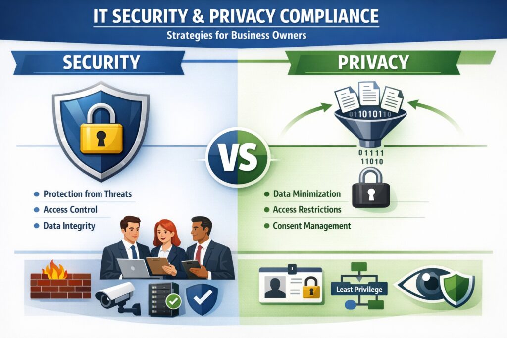 Illustration comparing security vs privacy for small business data protection and cybersecurity compliance