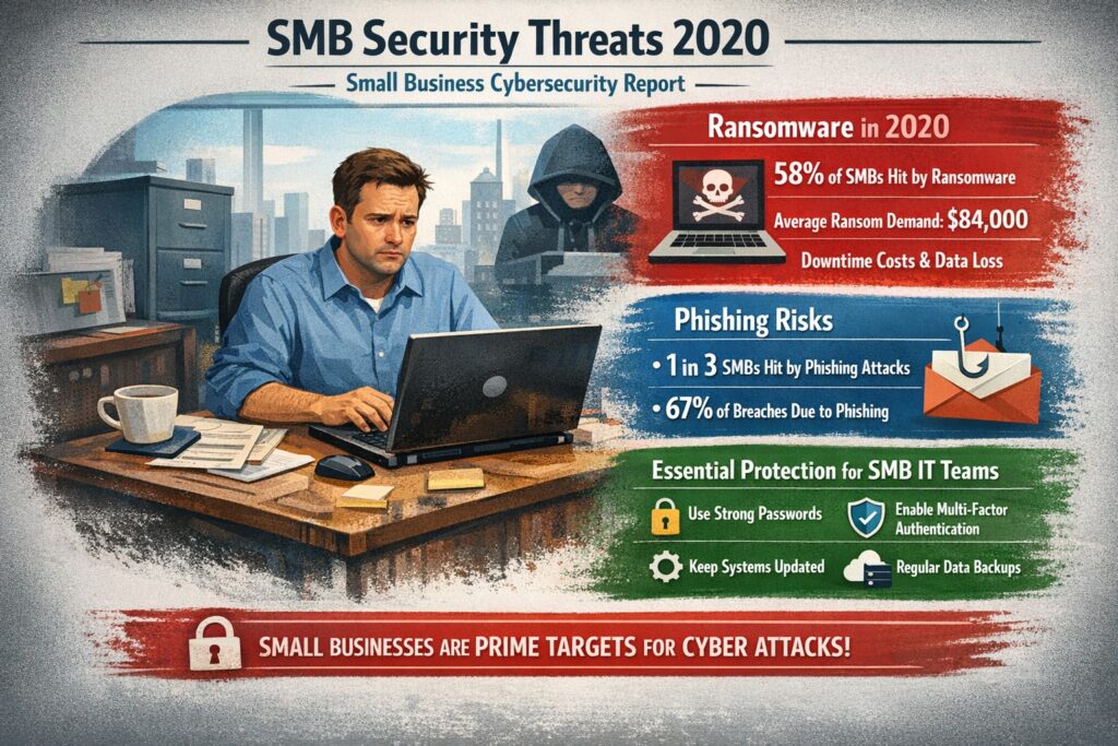 Small business owner assessing state of cybersecurity for SMBs in 2020 amid ransomware and phishing threats.