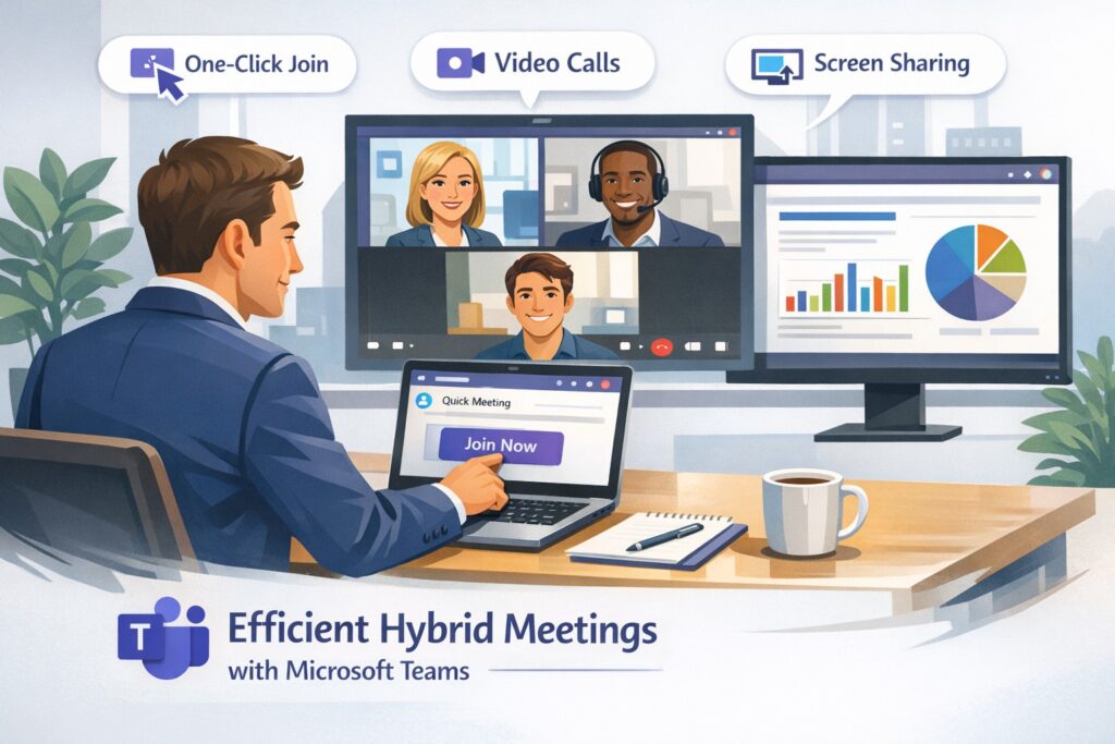 Business owner starting instant Microsoft Teams remote work meeting on laptop for hybrid teams.
