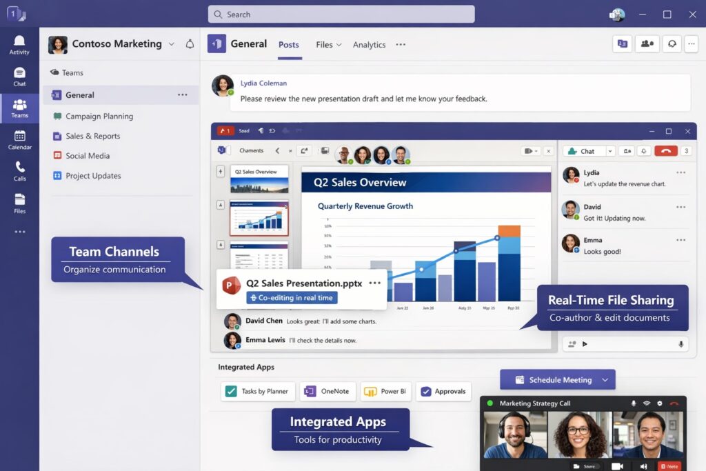 Unify workplace collaboration with Microsoft Teams dashboard for business owners – channels, files, and apps in one secure platform.