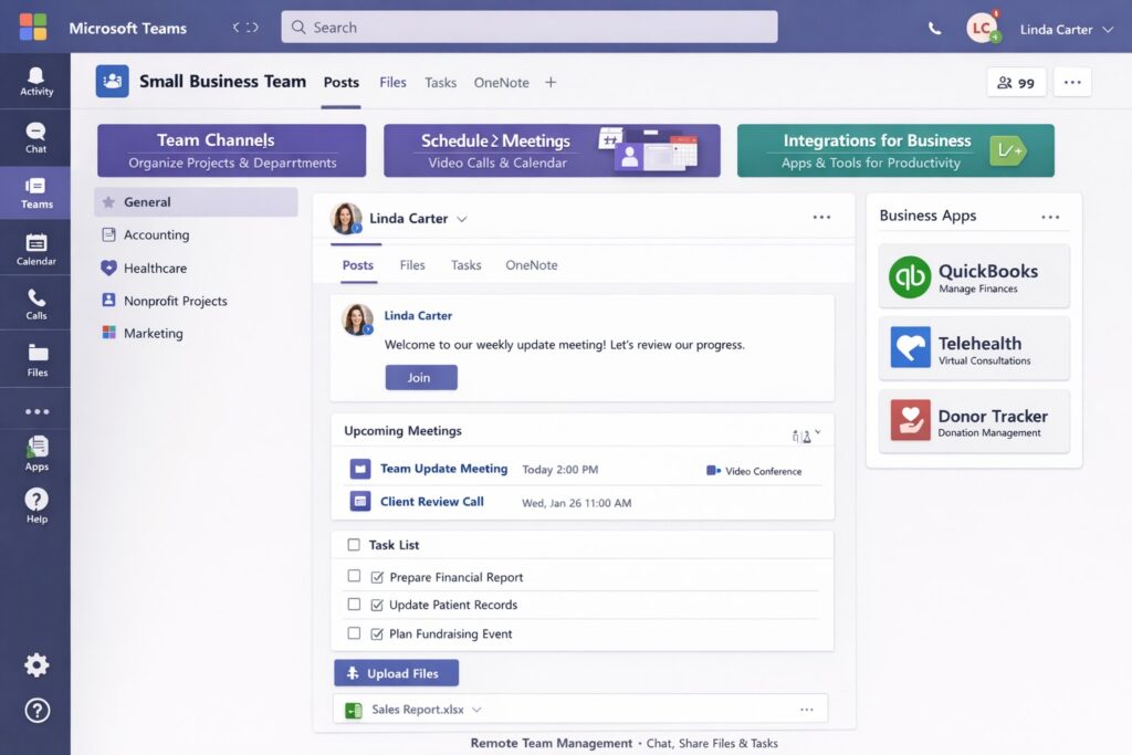 Microsoft Teams dashboard for business owners showing chat, meetings, and file sharing features.