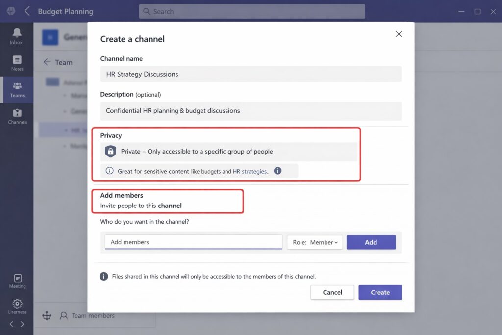 Business owner creating private channels in Microsoft Teams interface for secure team collaboration.