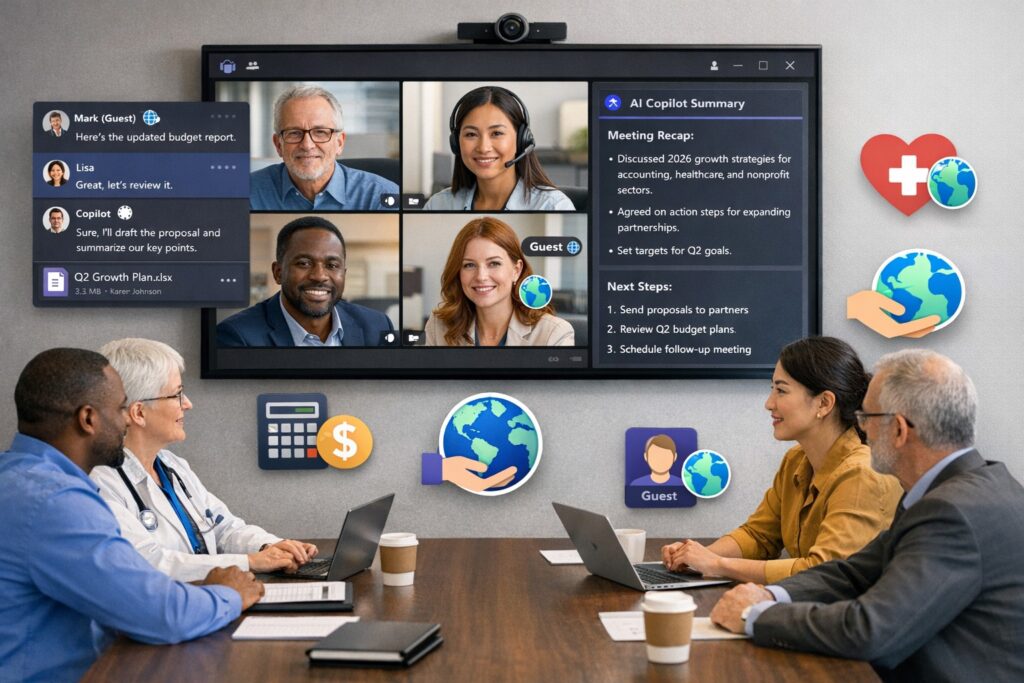 Business owner expanding Microsoft Teams collaboration with 2026 AI features for hybrid teams and external partners.