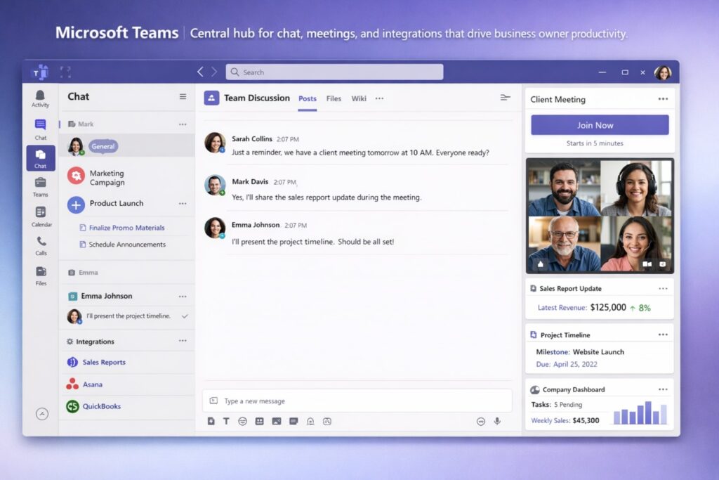Microsoft Teams interface showcasing productivity tools like channels and Copilot for enhanced business collaboration.