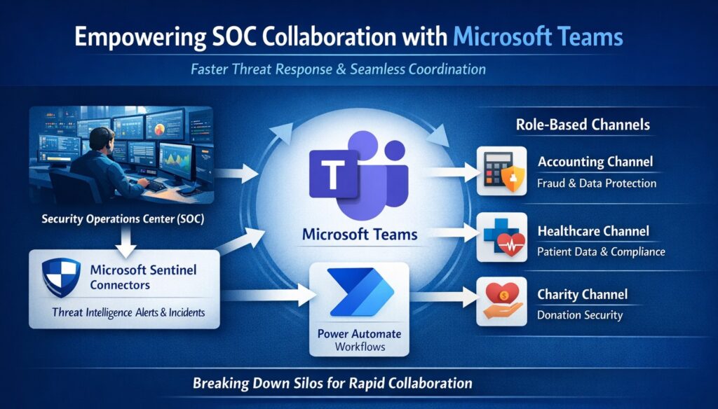 Empower SOC with Microsoft Teams integration diagram showing real-time alerts and coordination for security operations centers.