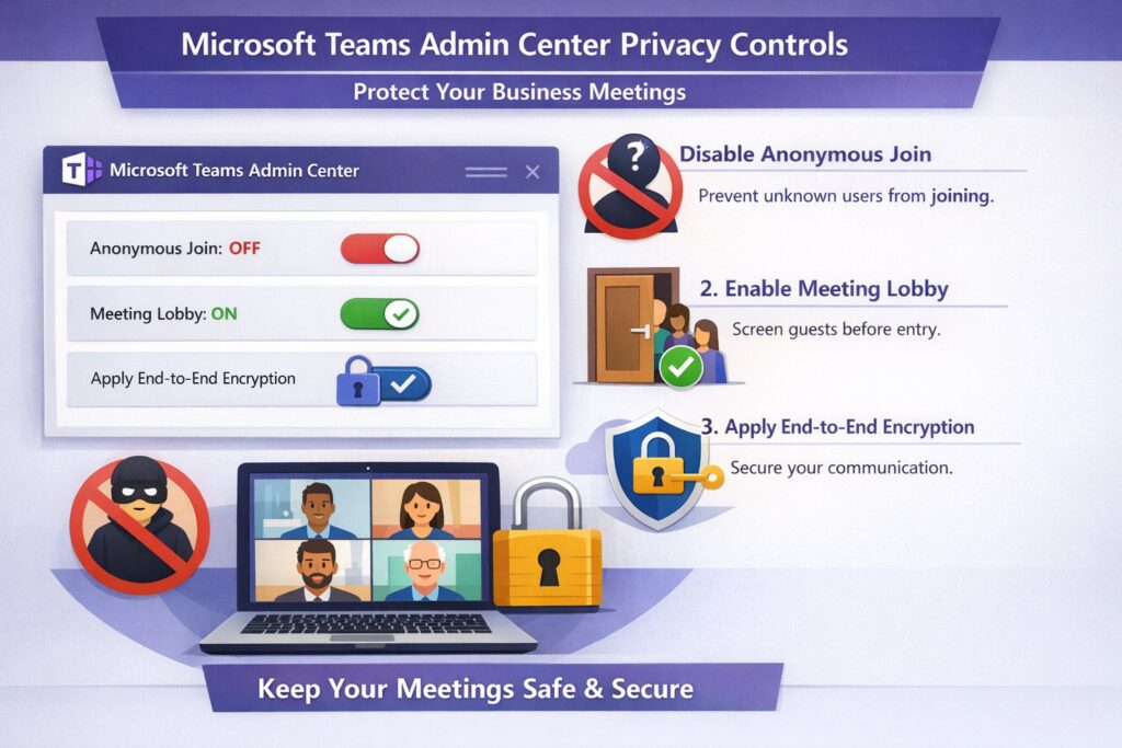 Microsoft Teams meeting privacy settings in admin center to disable anonymous joins and enable lobby for secure business meetings