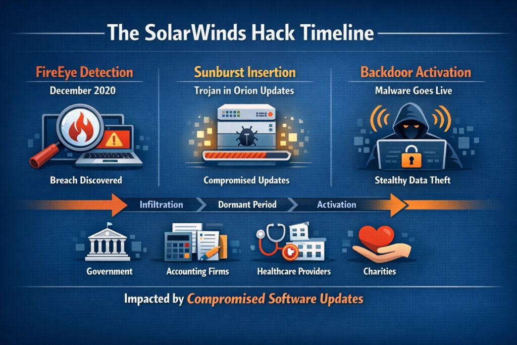 SolarWinds Orion Sunburst malware supply chain attack timeline for accounting healthcare charity cybersecurity
