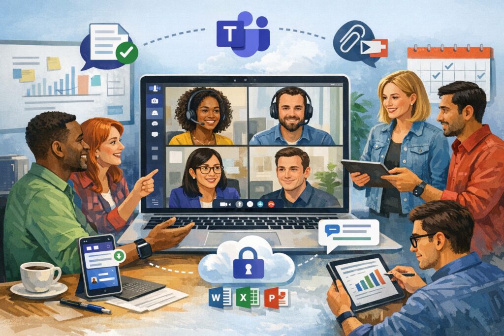 Business team collaborating with Microsoft Teams on laptops for secure productivity and client meetings.