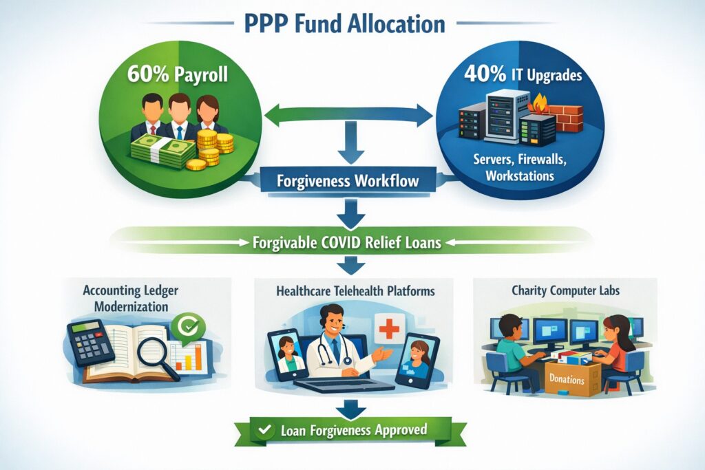 PPP forgivable technology purchases servers workstations networking for accounting healthcare charity IT modernization