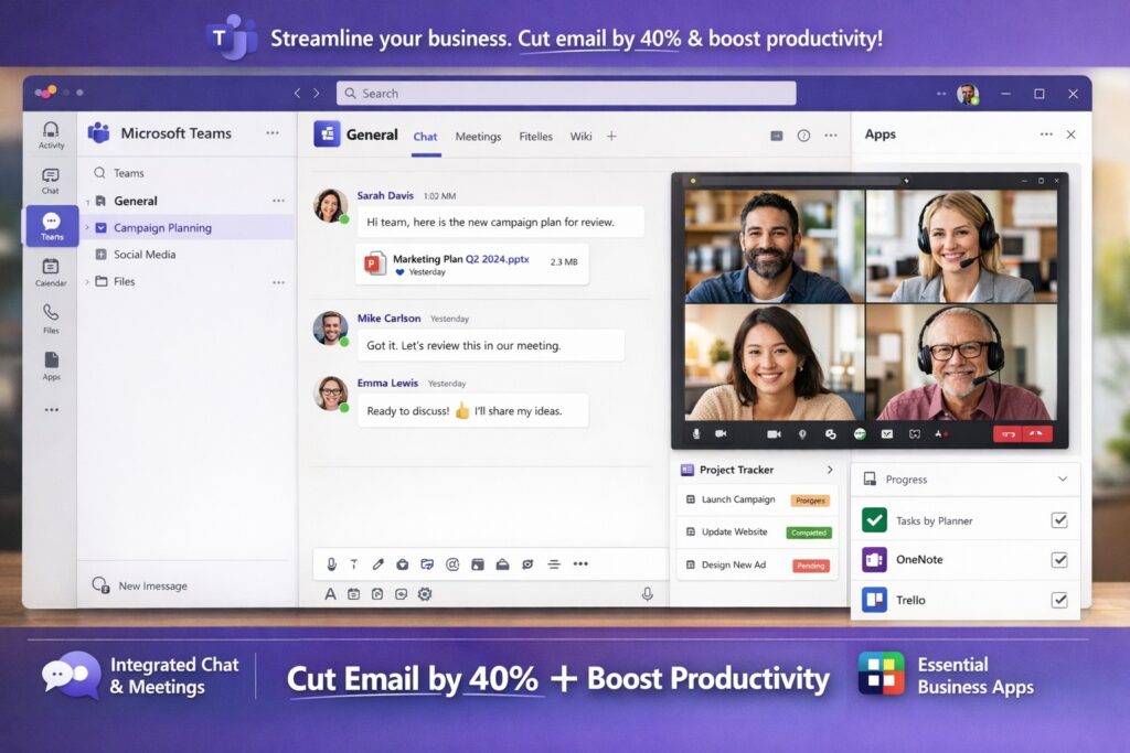 Business owner streamlining solutions with Microsoft Teams dashboard on laptop, showing chat, files, and video for efficient operations.