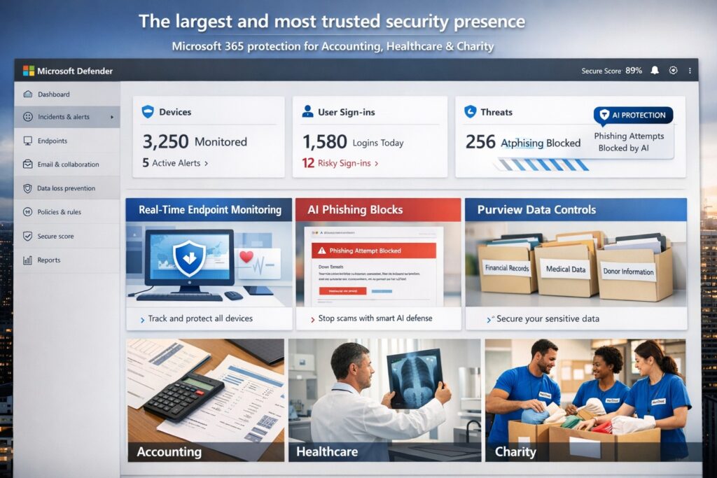 Microsoft Defender dashboard showing largest most trusted security presence for business endpoint protection and ransomware defense.