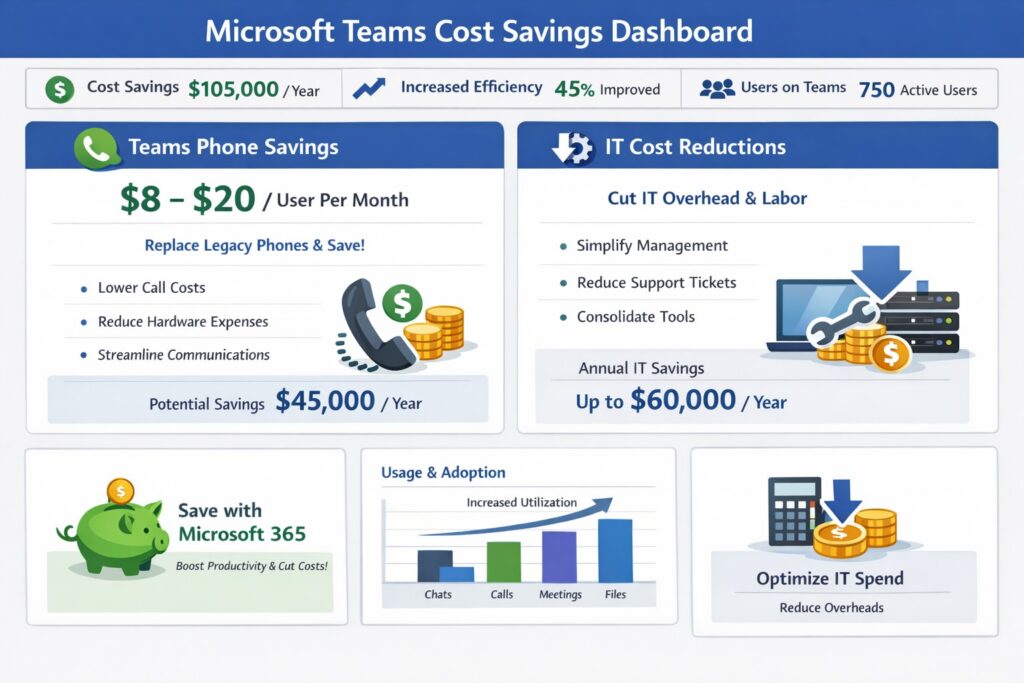 Business owner saving money with Microsoft Teams cost optimization dashboard showing telephony and license savings.