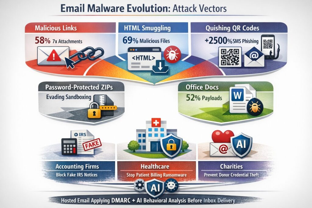 91% malware email delivery malicious URLs HTML smuggling QR codes password archives