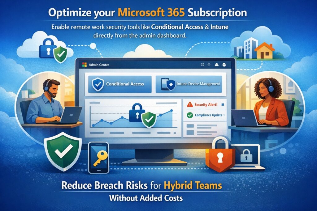 Microsoft 365 remote work security dashboard with Secure Score, MFA, and Intune features activated for business hybrid teams.