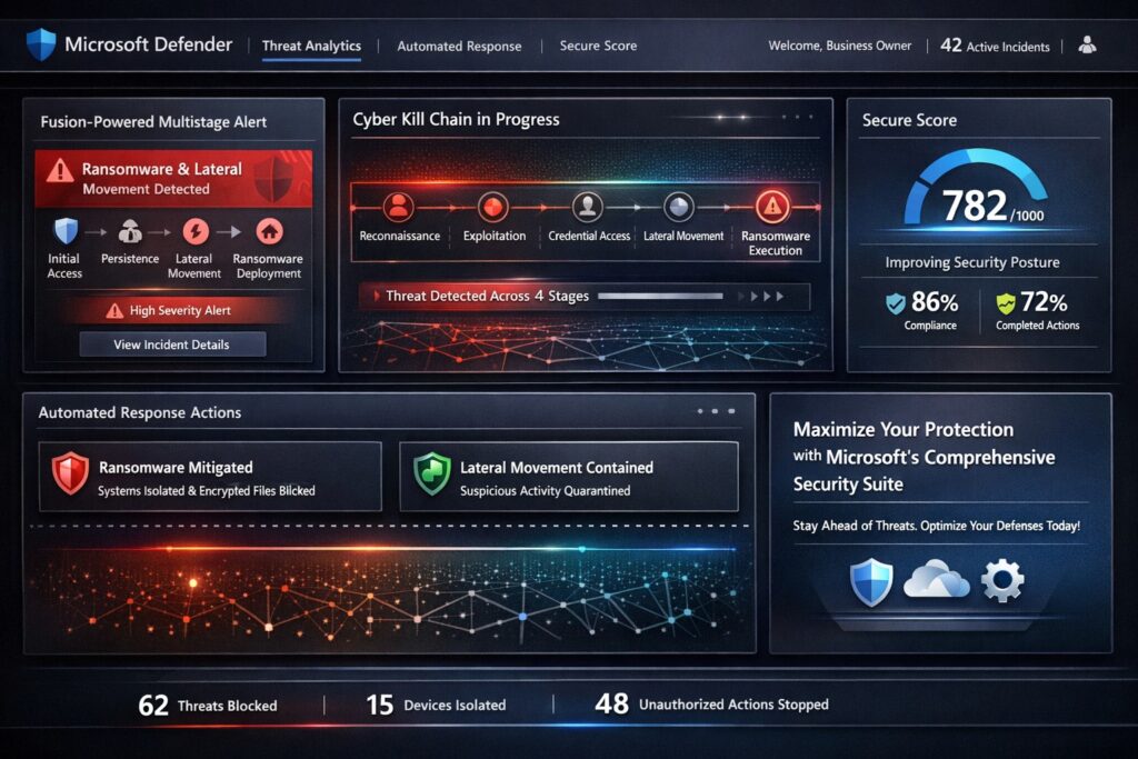 Microsoft security suite dashboard showing threat detection across cyber kill chain stages with Sentinel Fusion alerts for business protection.