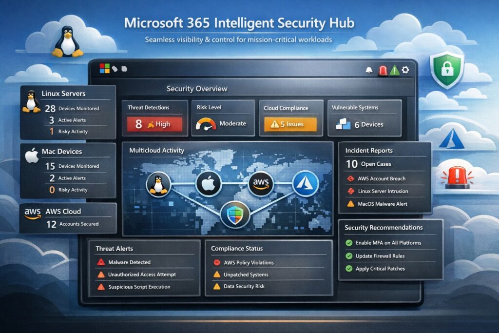 Microsoft 365 intelligent security hub dashboard showing cross-platform protection for Linux, Mac, AWS multicloud workloads.