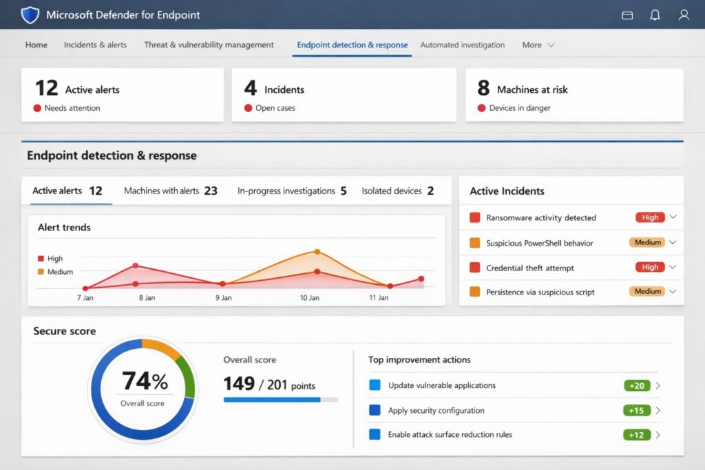Microsoft Defender for Endpoint dashboard showing threat protection and secure score for business endpoint security.