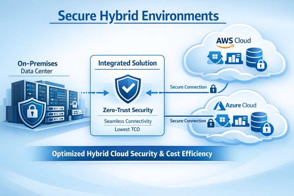 Secure hybrid environments diagram showing integrated solution for lowest TCO in business IT infrastructure.