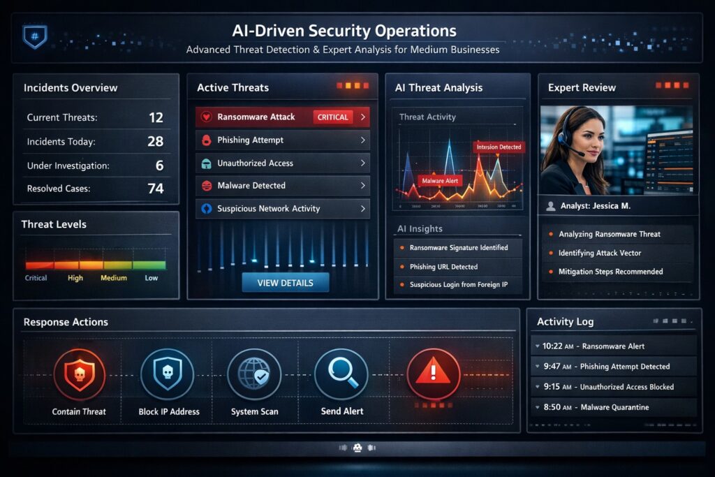 Data-driven human-guided cybersecurity dashboard detecting cyber threats for medium businesses in real-time
