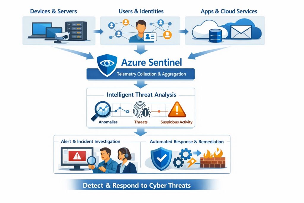 Azure Sentinel dashboard collecting security logs, detecting threats, and orchestrating incident response across a hybrid cloud and on‑premises environment for enterprise security analytics.