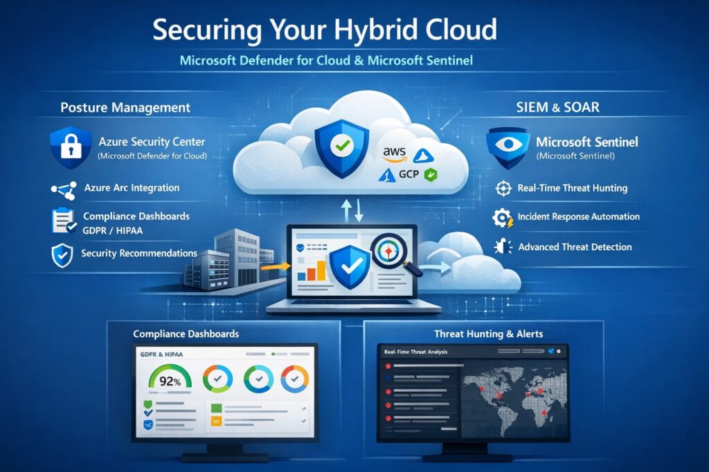 Securing hybrid cloud environments with Azure Security Center Secure Score and Azure Sentinel threat detection for business compliance