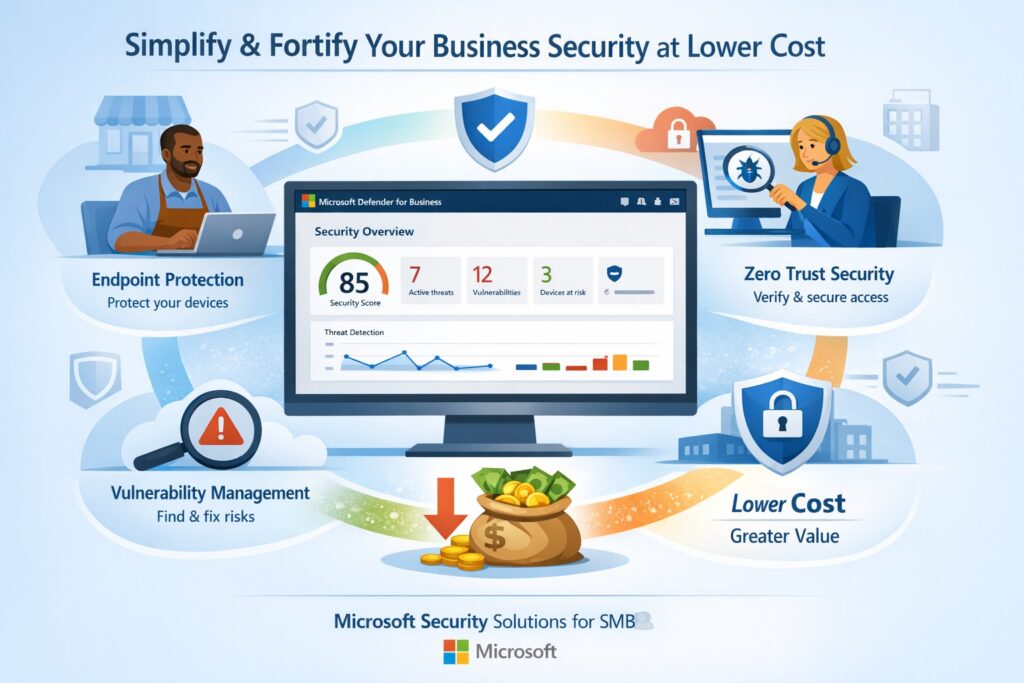 Microsoft security solutions for business: Defender dashboard simplifying endpoint protection at lower cost for SMB owners 