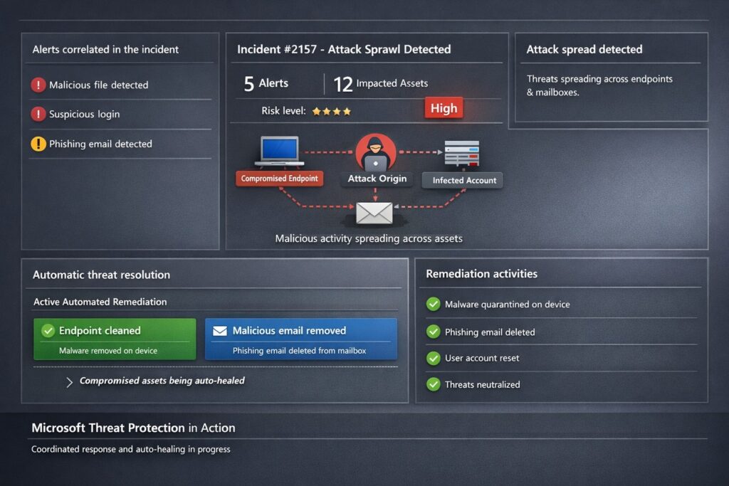 Microsoft Threat Protection dashboard stopping attack sprawl and auto-healing enterprise assets for business cybersecurity.