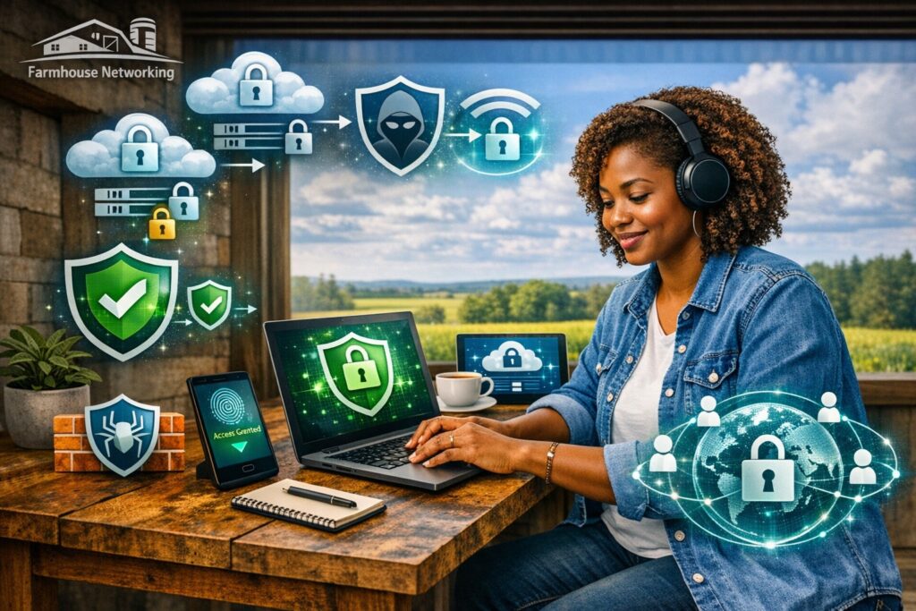 Business owner using secure remote work technology safeguarded by Farmhouse Networking’s managed cybersecurity solutions.