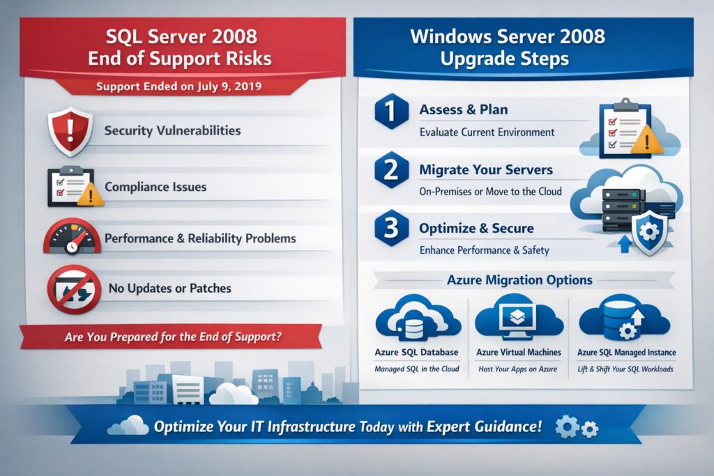 SQL Server 2008 end of support timeline showing migration path to Azure for Windows Server 2008 upgrade.