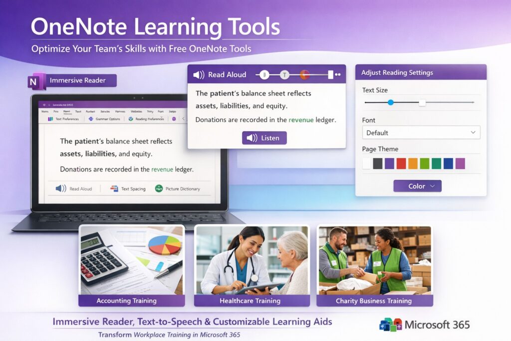 Microsoft OneNote Learning Tools Immersive Reader in action for business training—text-to-speech and syllable breakdown boosting employee productivity.