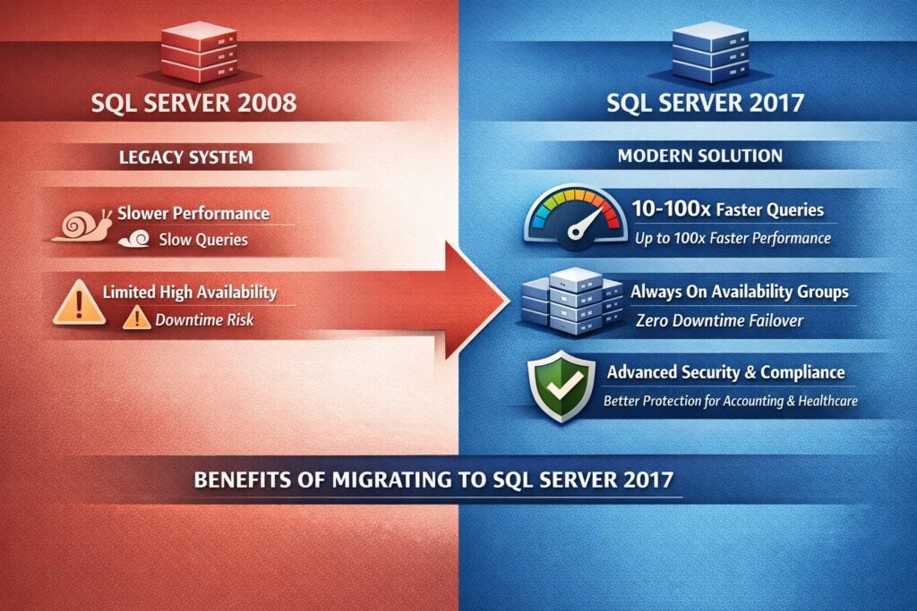 SQL Server 2008 to 2017 features comparison infographic showing performance, security, and availability upgrades for business migration.