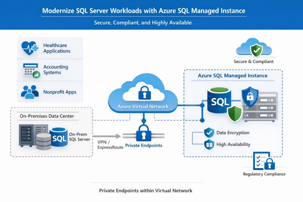 Diagram showing Azure SQL Database Managed Instance architecture with virtual network, private endpoint, and SQL Server databases, illustrating how businesses safely migrate SQL Server to the cloud.