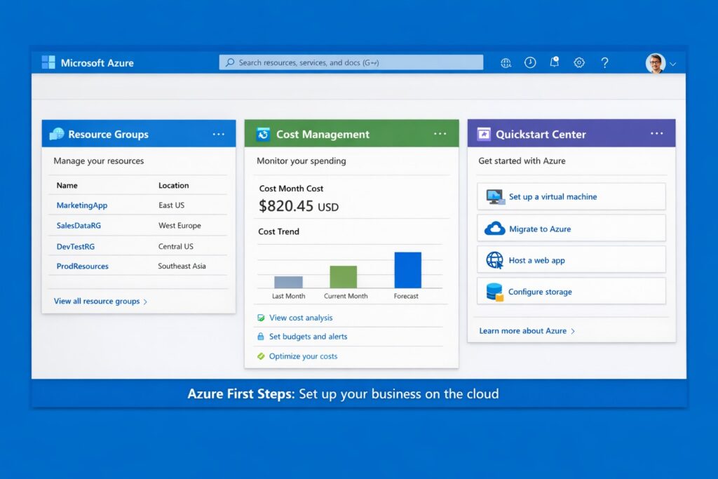 Business owner taking first steps with Microsoft Azure dashboard on laptop for cloud migration and IT cost savings.
