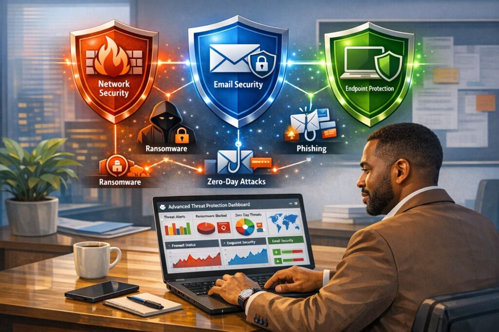 Business owner reviewing advanced threat protection dashboard on laptop with integrated cybersecurity shields visualizing network security protection