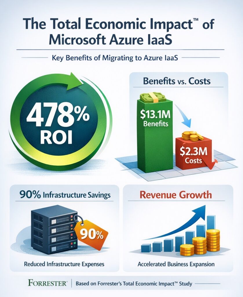 Azure IaaS Total Economic Impact infographic showing 478% ROI, cost savings, and Forrester TEI study benefits for business owners
