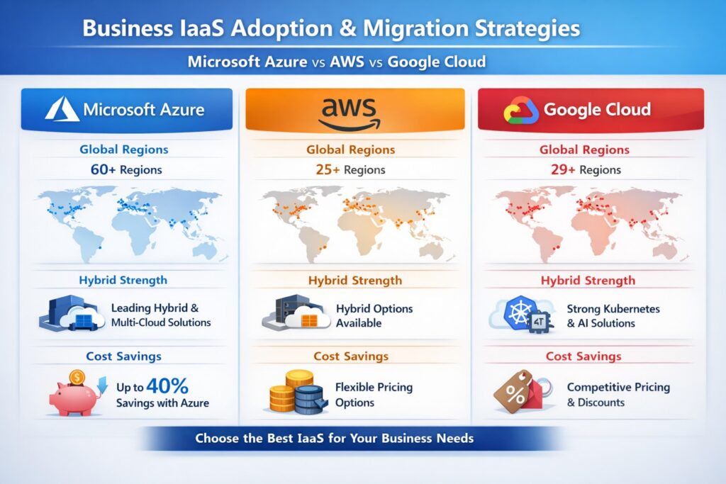 Microsoft Azure IaaS dashboard comparing performance metrics vs AWS and Google Cloud for business infrastructure migration.