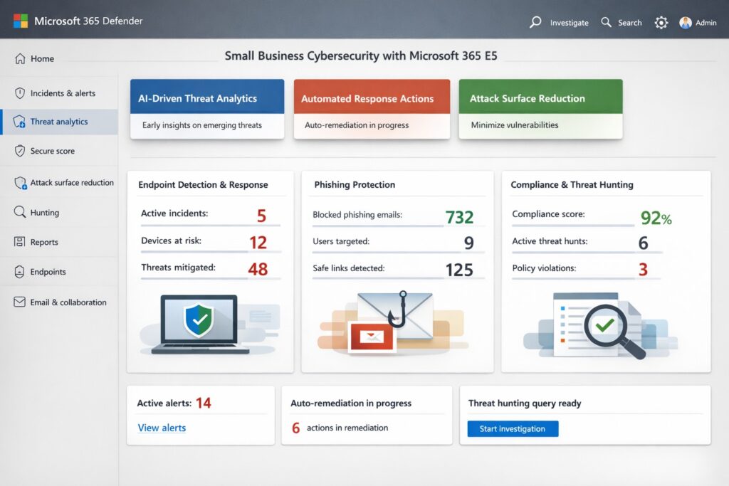 Microsoft Threat Protection dashboard showing real-time threat detection, endpoint protection, and Microsoft 365 Defender alerts for business cyber security