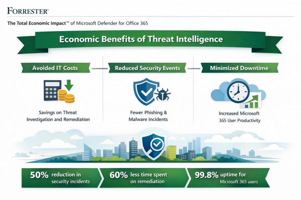 Chart showing total economic impact of Microsoft Office 365 threat intelligence with $3M NPV, 113% ROI from Forrester TEI study for business cybersecurity savings.