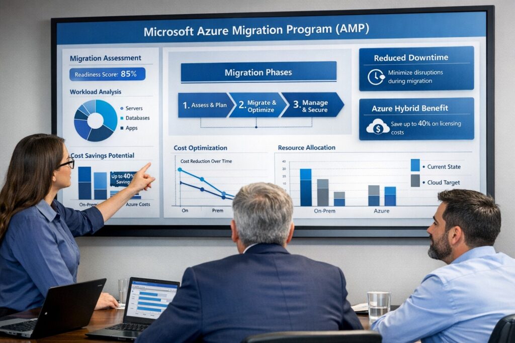 Business owner reviewing Azure Migration Program roadmap with IT team on modern office screen showing cloud migration steps and AMP benefits.