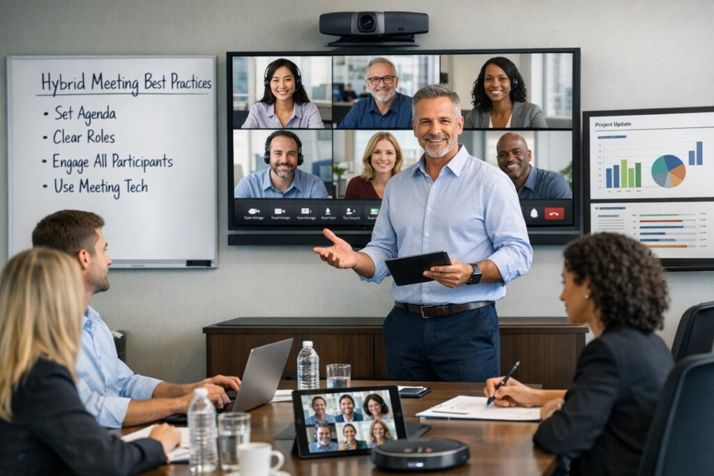 Business owner leading collaborative hybrid teams meeting with video screens and shared digital whiteboard for hybrid work strategies.