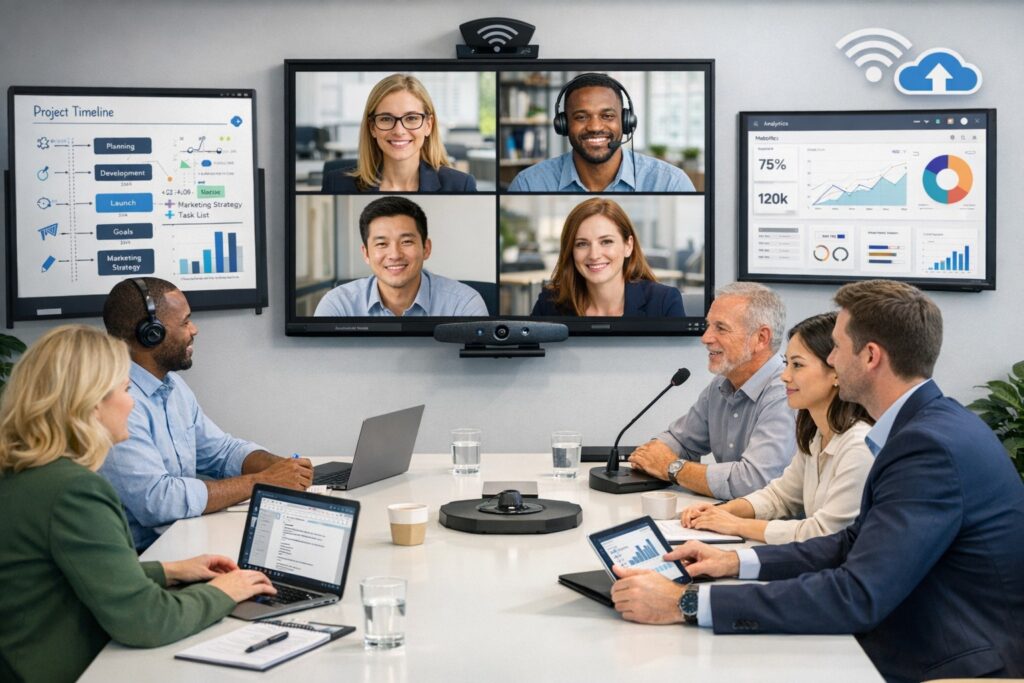 Team collaborating in a hybrid meeting using inclusive technology and video conferencing tools