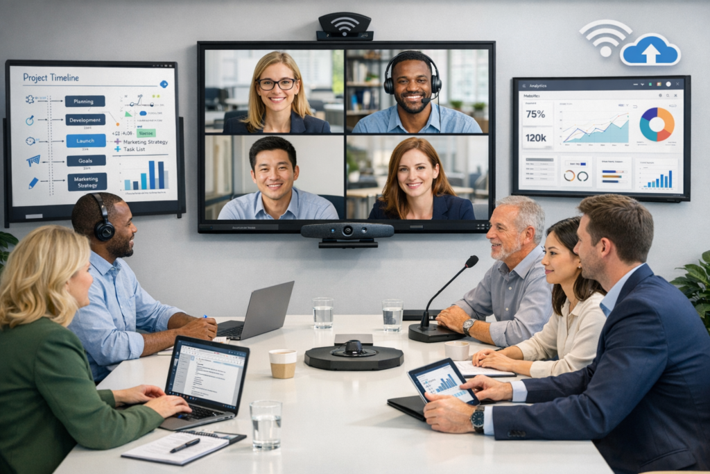 Team collaborating in a hybrid meeting using inclusive technology and video conferencing tools