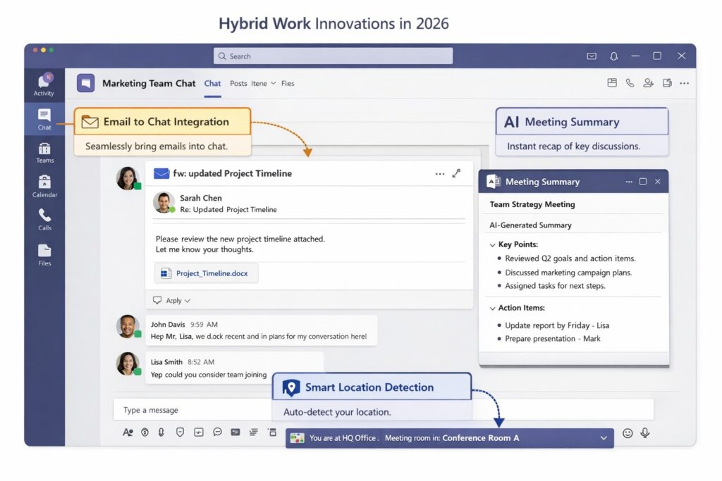 Microsoft Teams innovations dashboard for hybrid work with AI summaries and smart location features