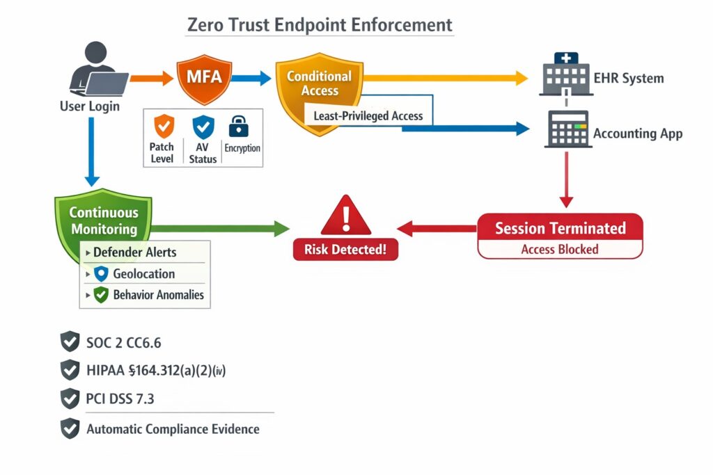 Zero Trust endpoint continuous authentication device compliance least privilege diagram