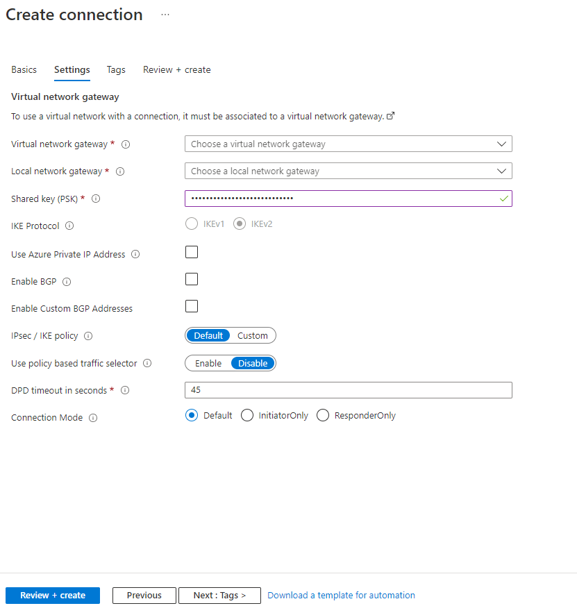 Azure Connection Settings