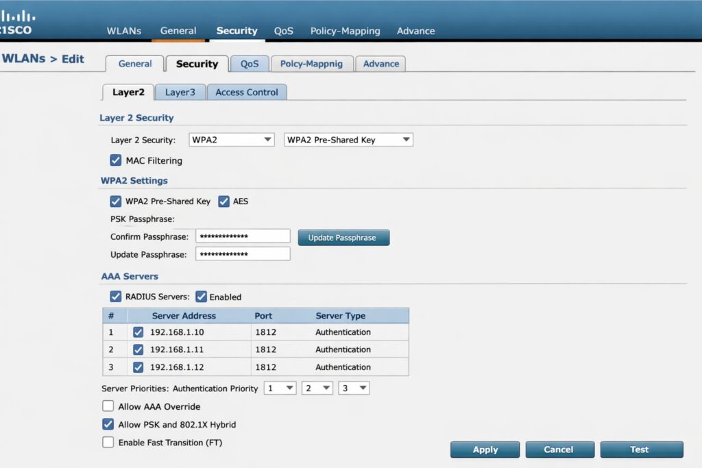 Cisco Wireless Controller WLAN advanced settings screen configuring WPA2 PSK with RADIUS authentication MAC filtering and AAA servers