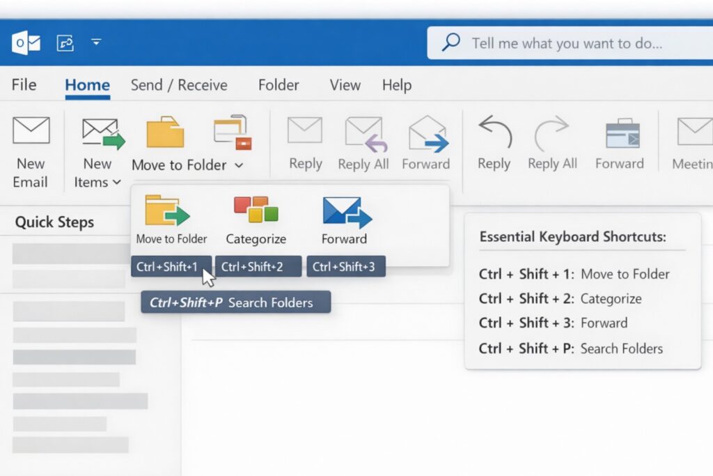Microsoft Outlook Quick Steps panel customized rules focused inbox search folders keyboard shortcuts for advanced power user workflow