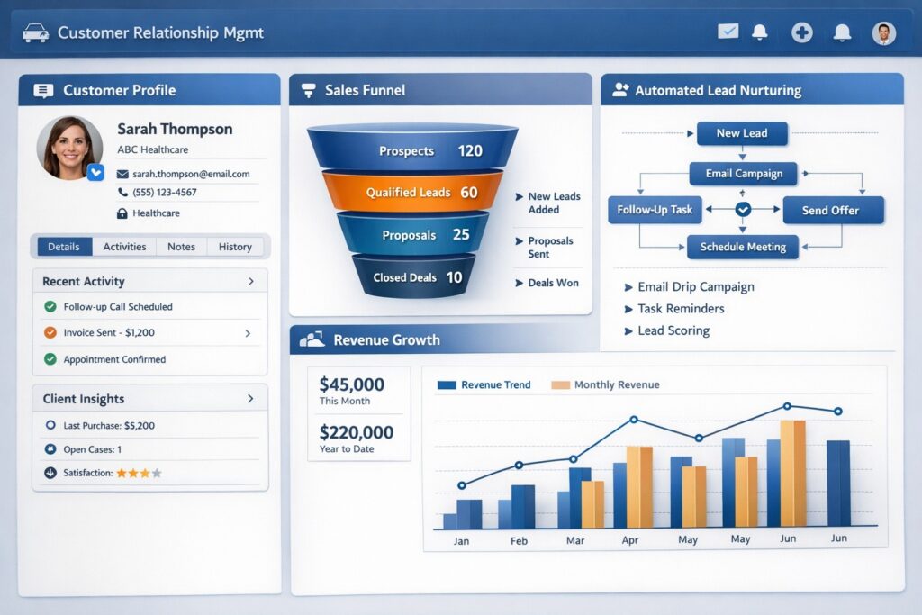 CRM software dashboard showing customer relationships, sales pipelines, lead tracking, and growth analytics for small business revenue expansion